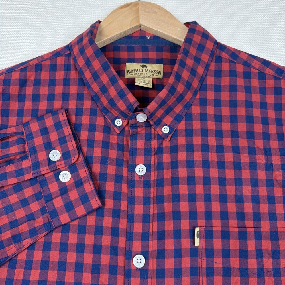 BUFFALO JACKSON Trading Co Button Up Plaid Shirt XXL Red Blue Cotton Long Sleeve